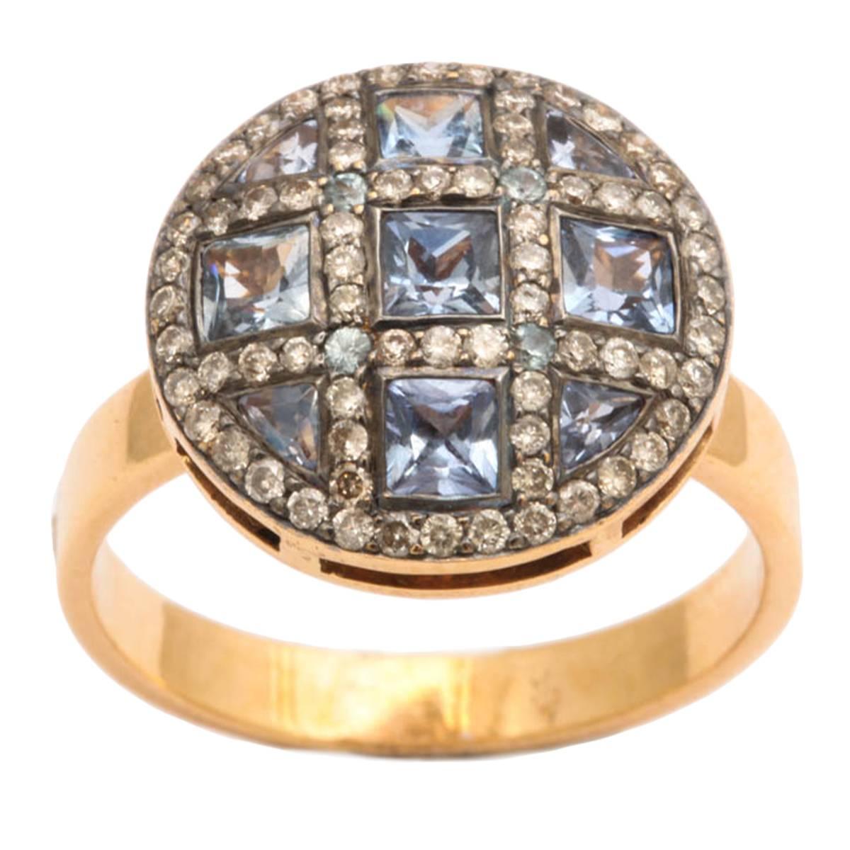 Unique Square Sapphire Diamond Orange Gold Ring For Sale