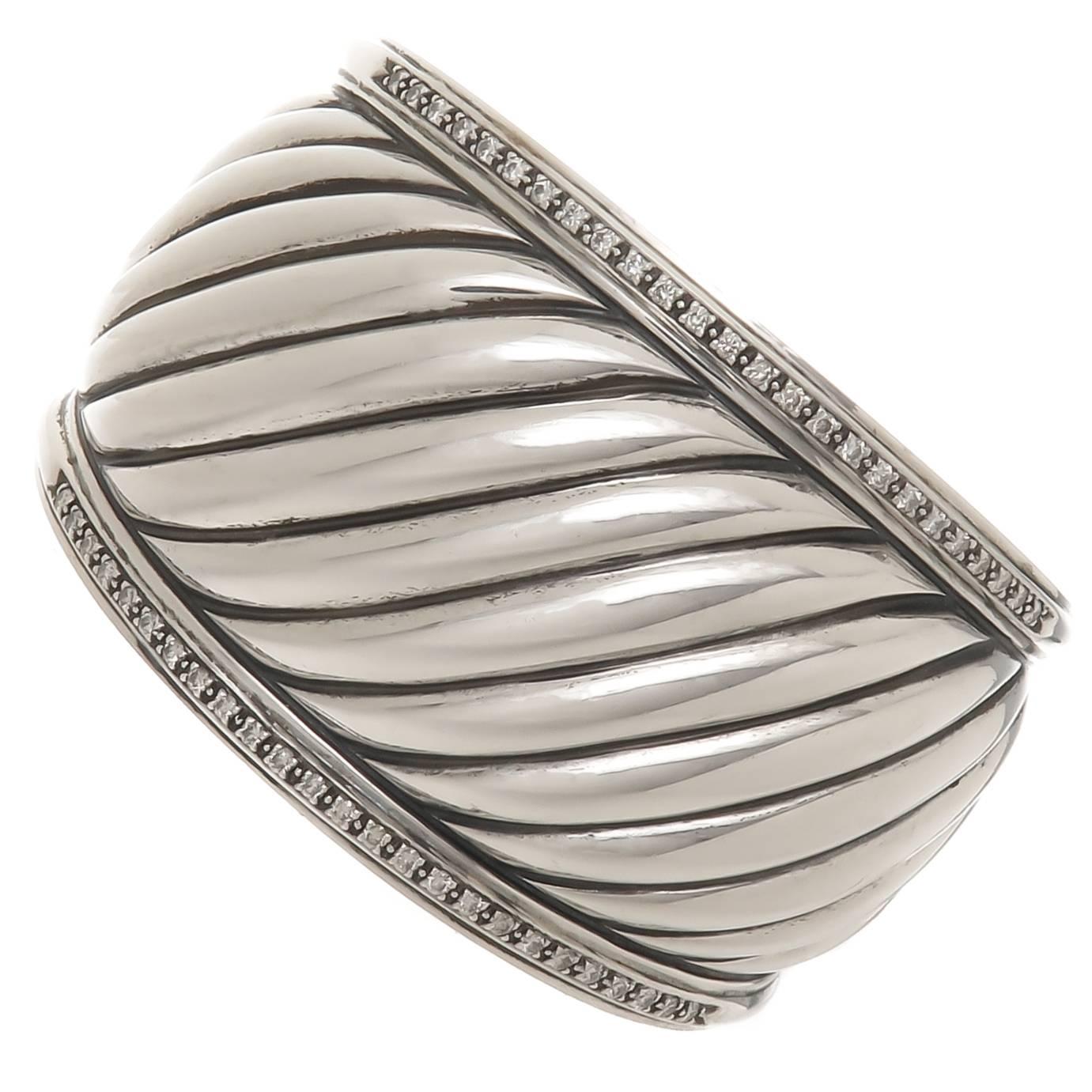 David Yurman Large Silver and Diamond Thoroughbred Cuff Bracelet