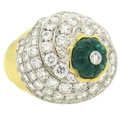 Impressive David Webb Gold Platinum Diamond Carved Emerald Ring 7