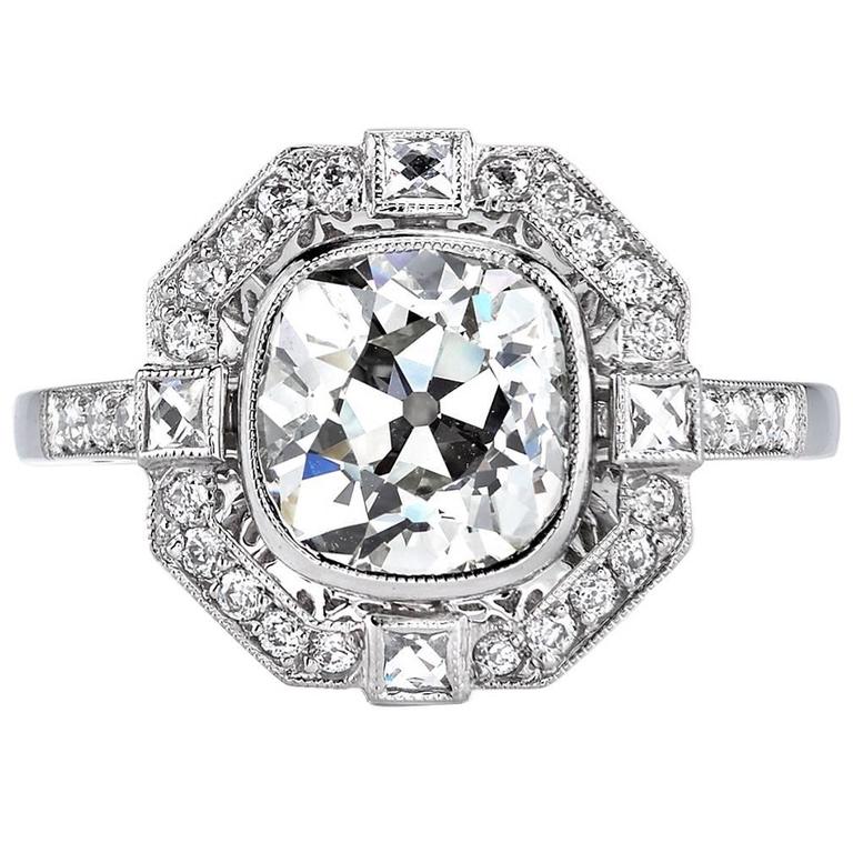 Art Deco Cushion Cut Diamond Platinum Engagement Ring at 1stDibs