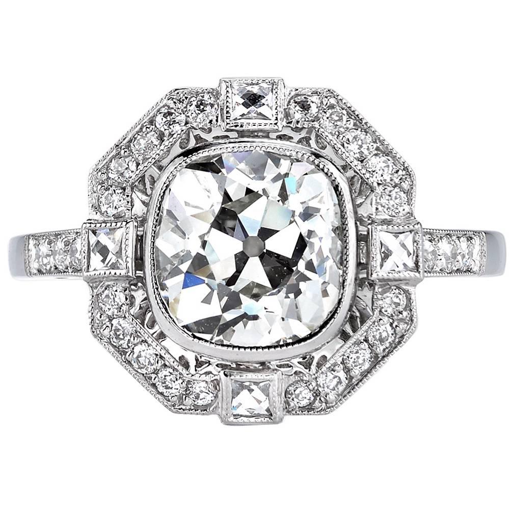 Art Deco Cushion Cut Diamond Platinum Engagement Ring 