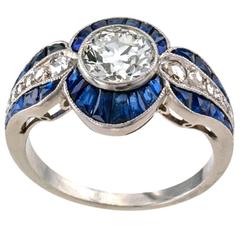 1.10 Carat Old European-Cut Diamond Sapphire Art Deco Engagement Ring