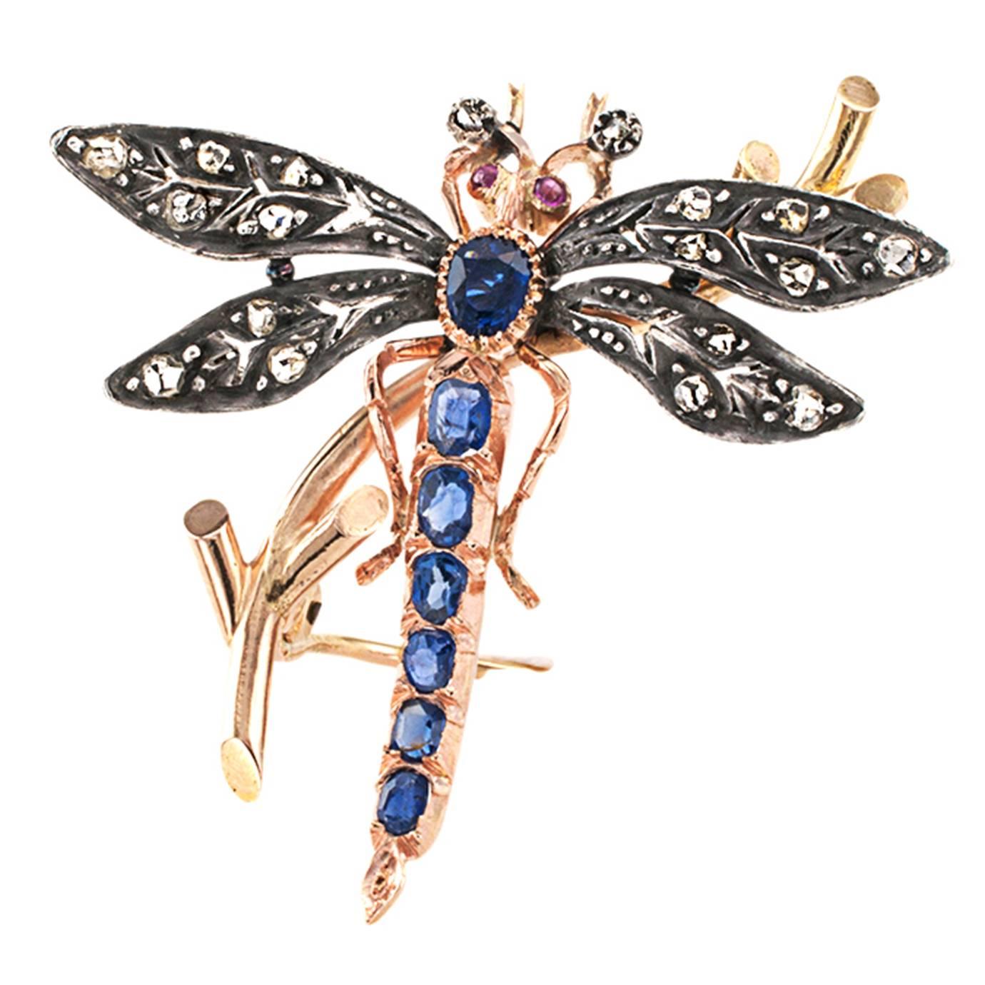 Victorian Ruby Sapphire Diamond Silver Gold Dragonfly Brooch