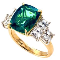 Blue-Green Tourmaline and Asscher-Cut Diamond Ring