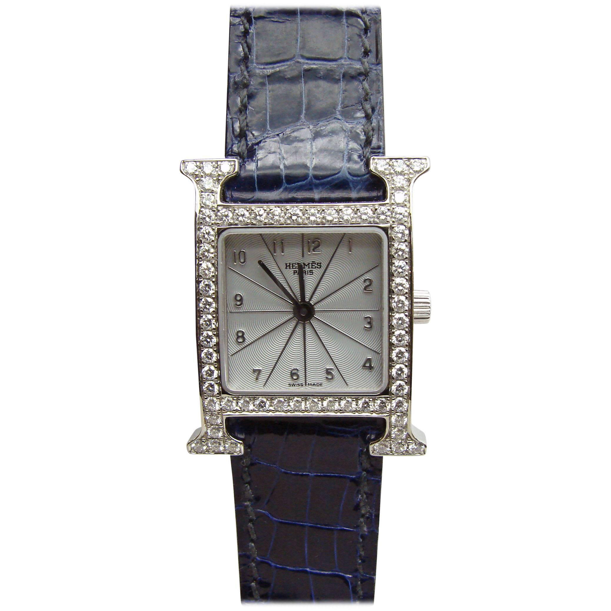 Hermes Ladies White Gold Diamonds Heure H Quartz Wristwatch