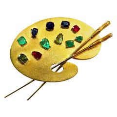 Large Exceptional Multi Gemstone Gold Artist Pallet Pin with Brushes