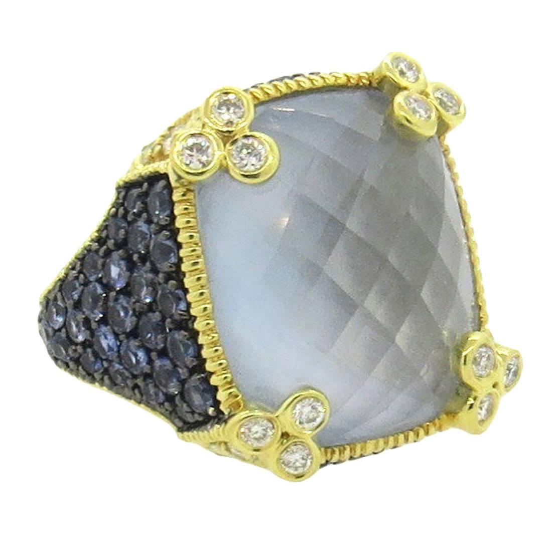 Judith Ripka Blue Topaz Diamond Gold Monaco Ring