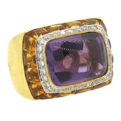 Amethyst Sugarloaf Citrine Diamond Gold Ring