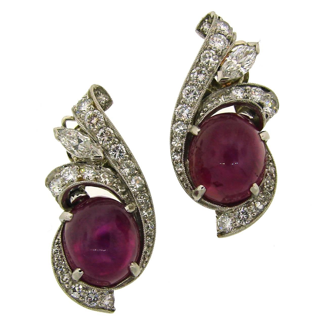 1960s Star Ruby Diamond Platinum Clip-on Earrings