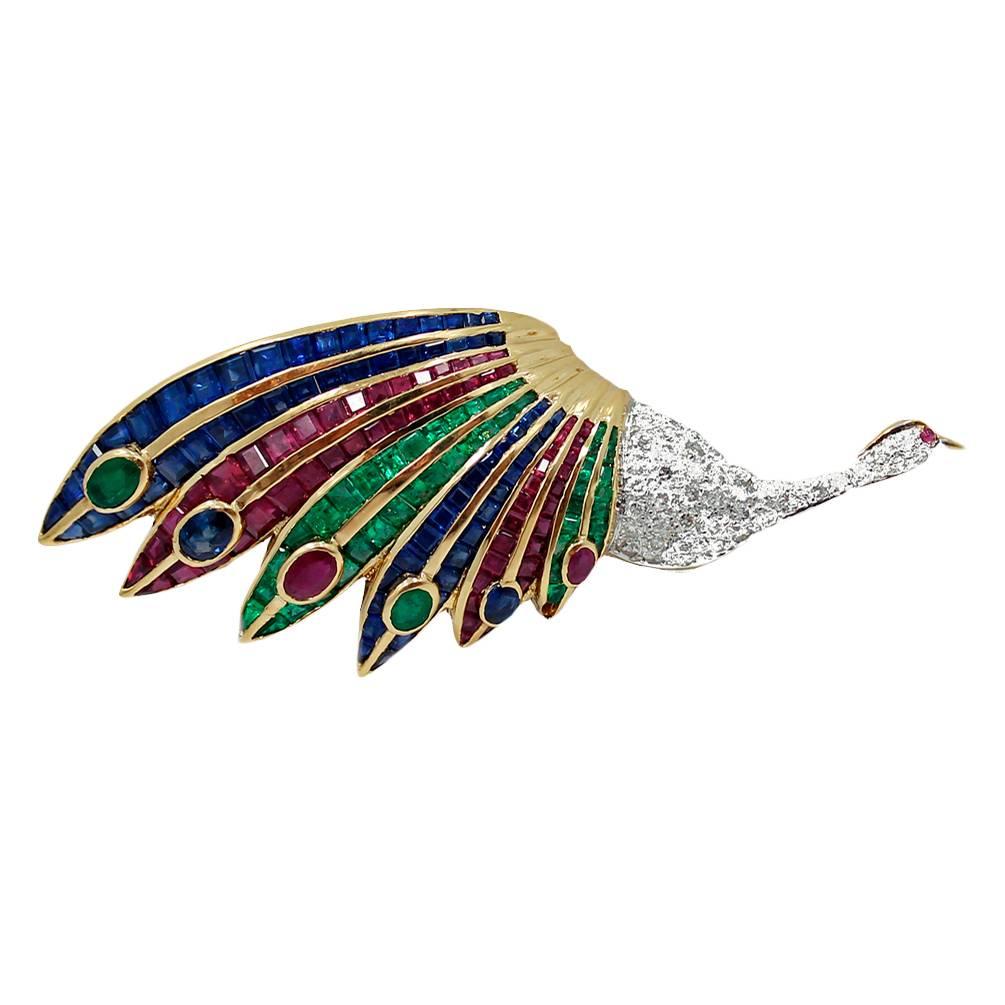 Emerald Ruby Sapphire Diamond Gold Peacock Brooch For Sale