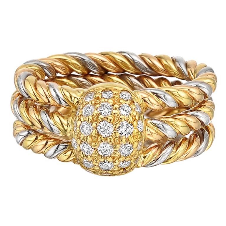 Cartier Diamond Tricolored Gold Rope Twist Dome Ring at 1stDibs