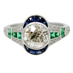Art Deco 1.57 Carat Old Mine Cut Diamond Sapphire Emerald Platinum Ring 