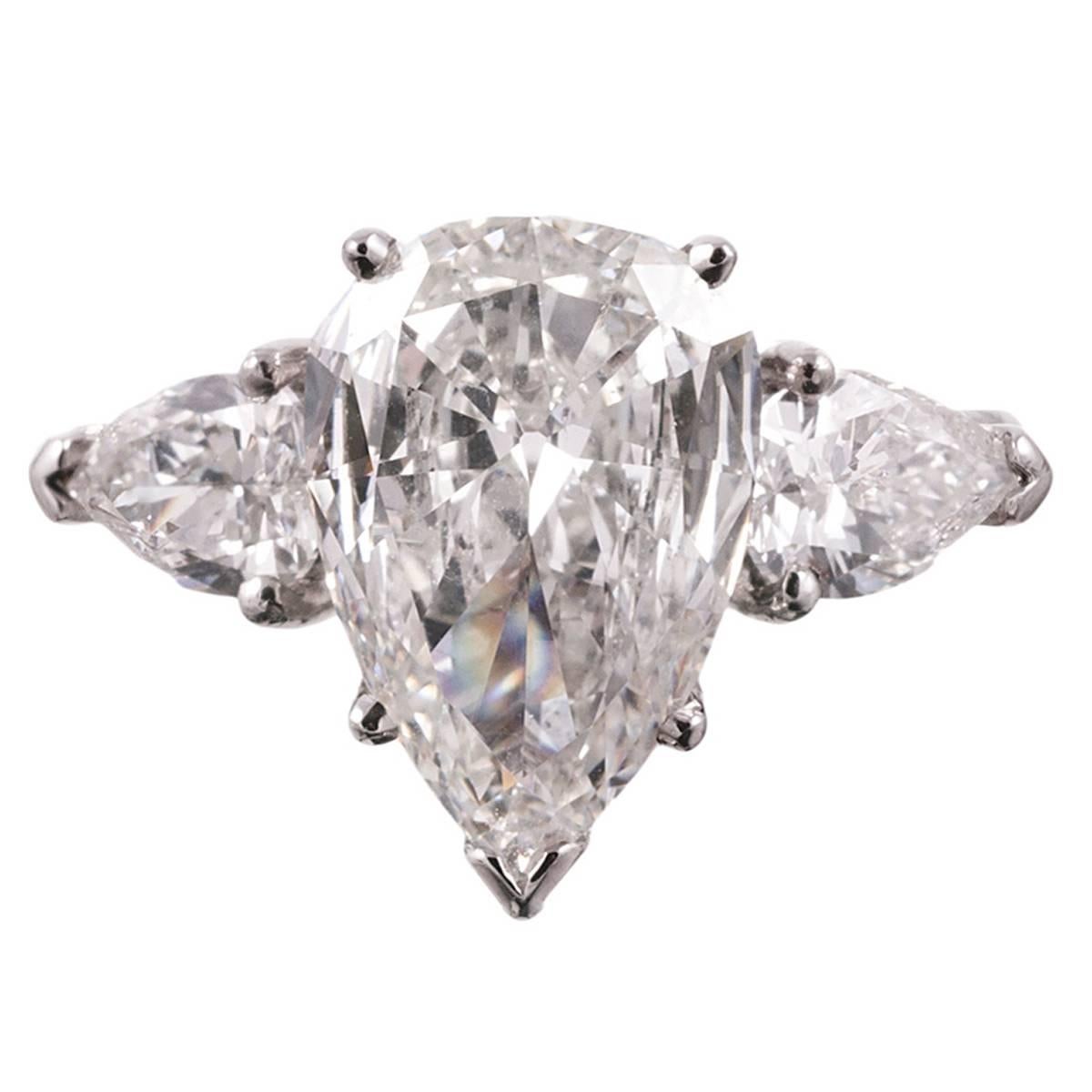 3.52 Carat Pear Diamond Platinum Three Stone Ring