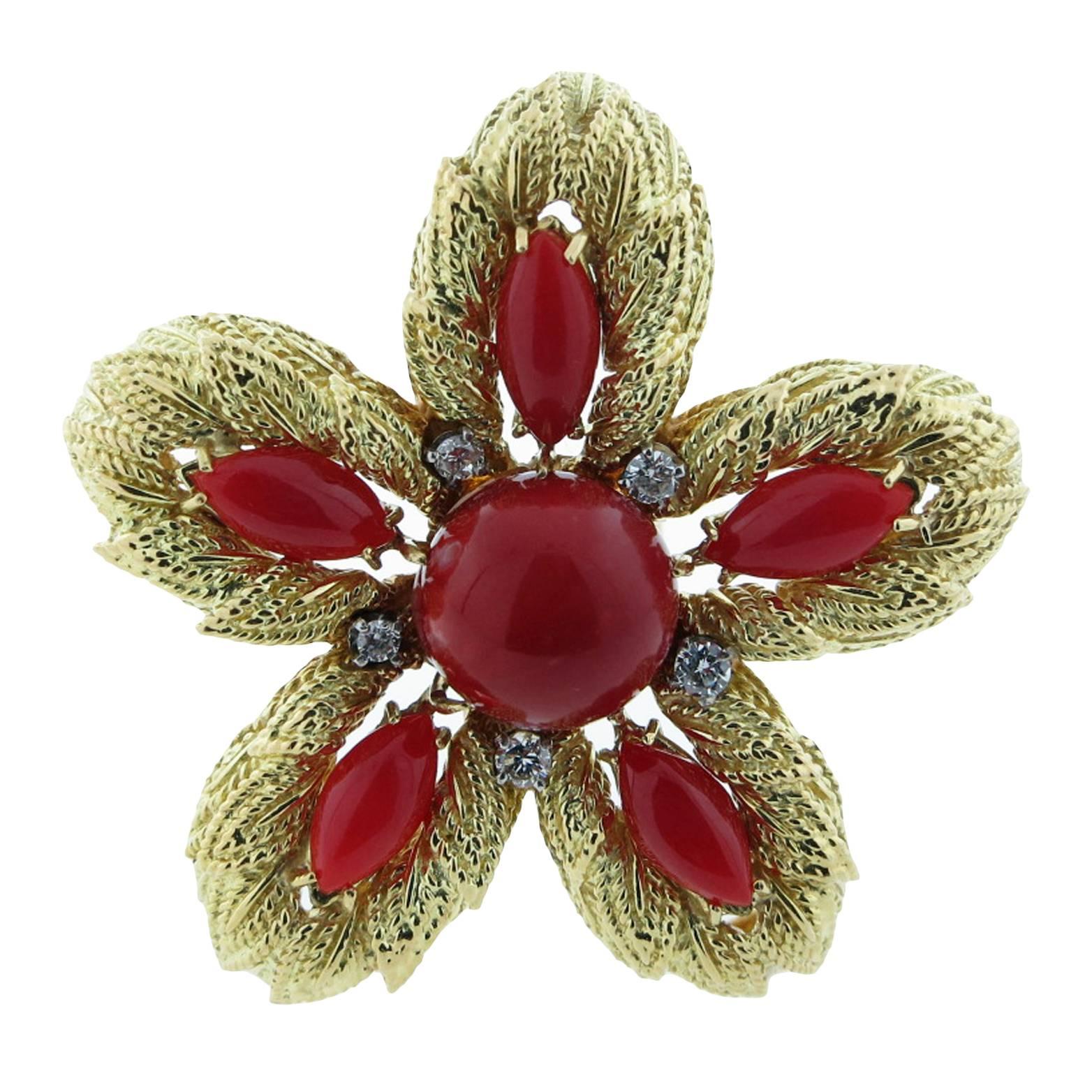 Wonderful Oxblood Coral Diamond Gold Brooch Pendant For Sale