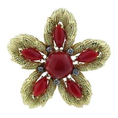 Wonderful Oxblood Coral Diamond Gold Brooch Pendant