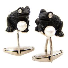 Vintage Whimsical Lucien Piccard Onyx Pearl Diamond Frog Cufflinks