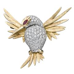 Kozminsky Hummingbird Ruby Diamond Gold Brooch