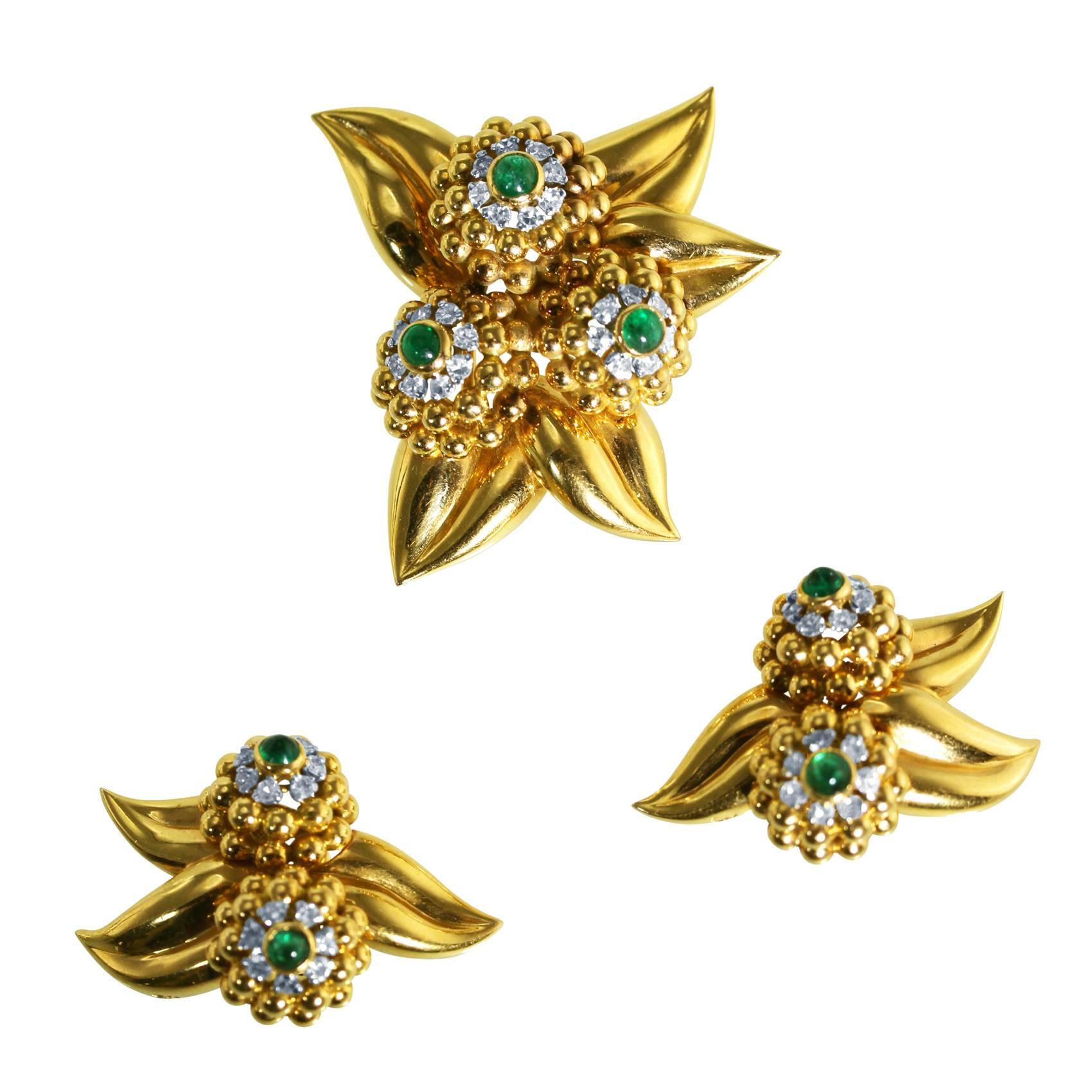 Retro Emerald Diamond Gold Floral Brooch and Earclips For Sale