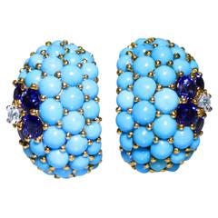 Carvin French Turquoise Sapphire Diamond Gold Earclips