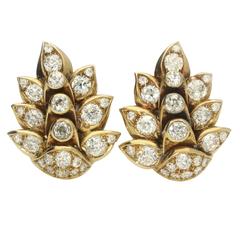 1940s Rene Boivin Diamond Gold Stylised Leaf Earlips