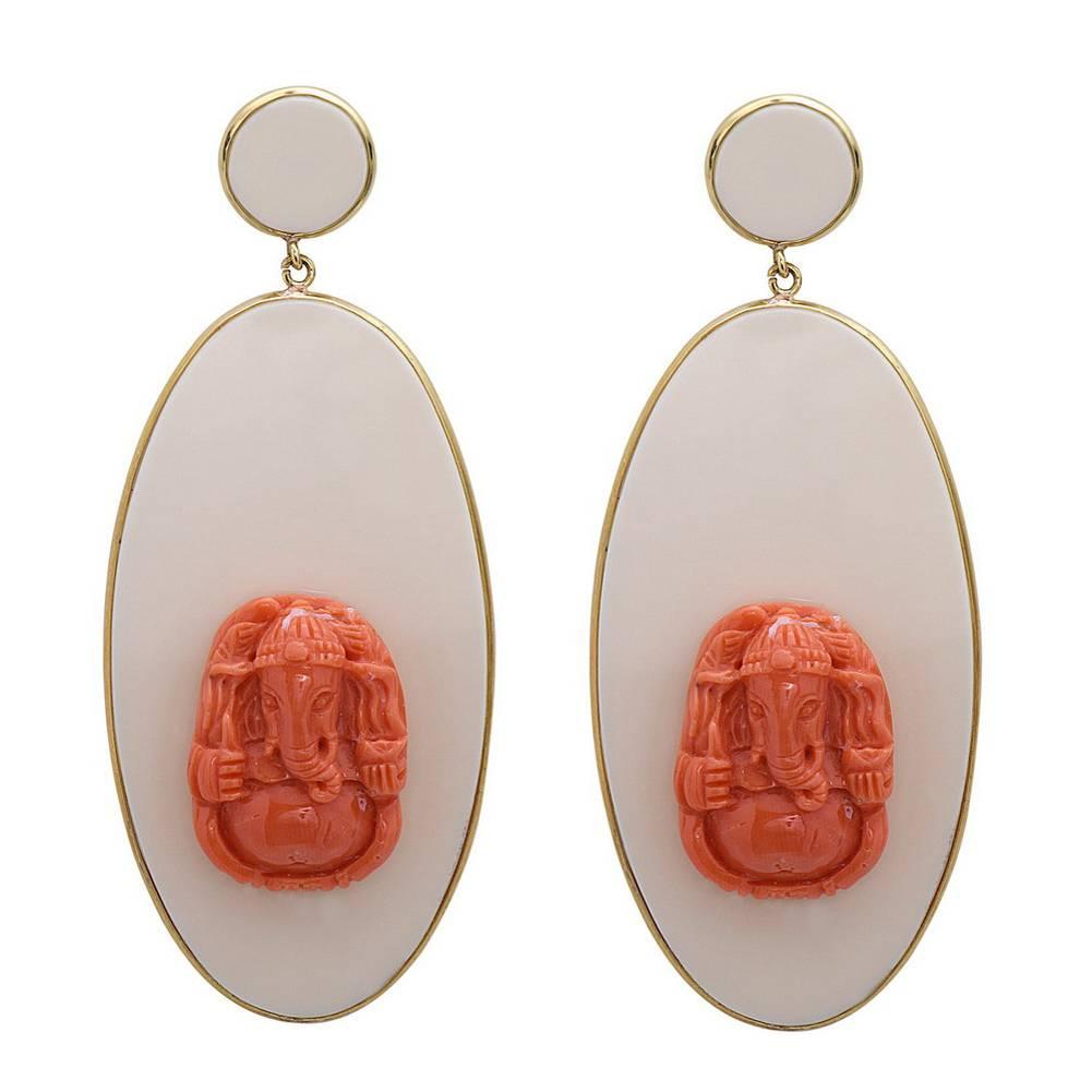 Beautiful Italian Bakelite Gold Earrings with Coral Ganesh