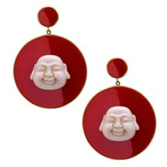 Beautiful Italian Red Bakelite Gold Earring with White Coral Happy Buddha