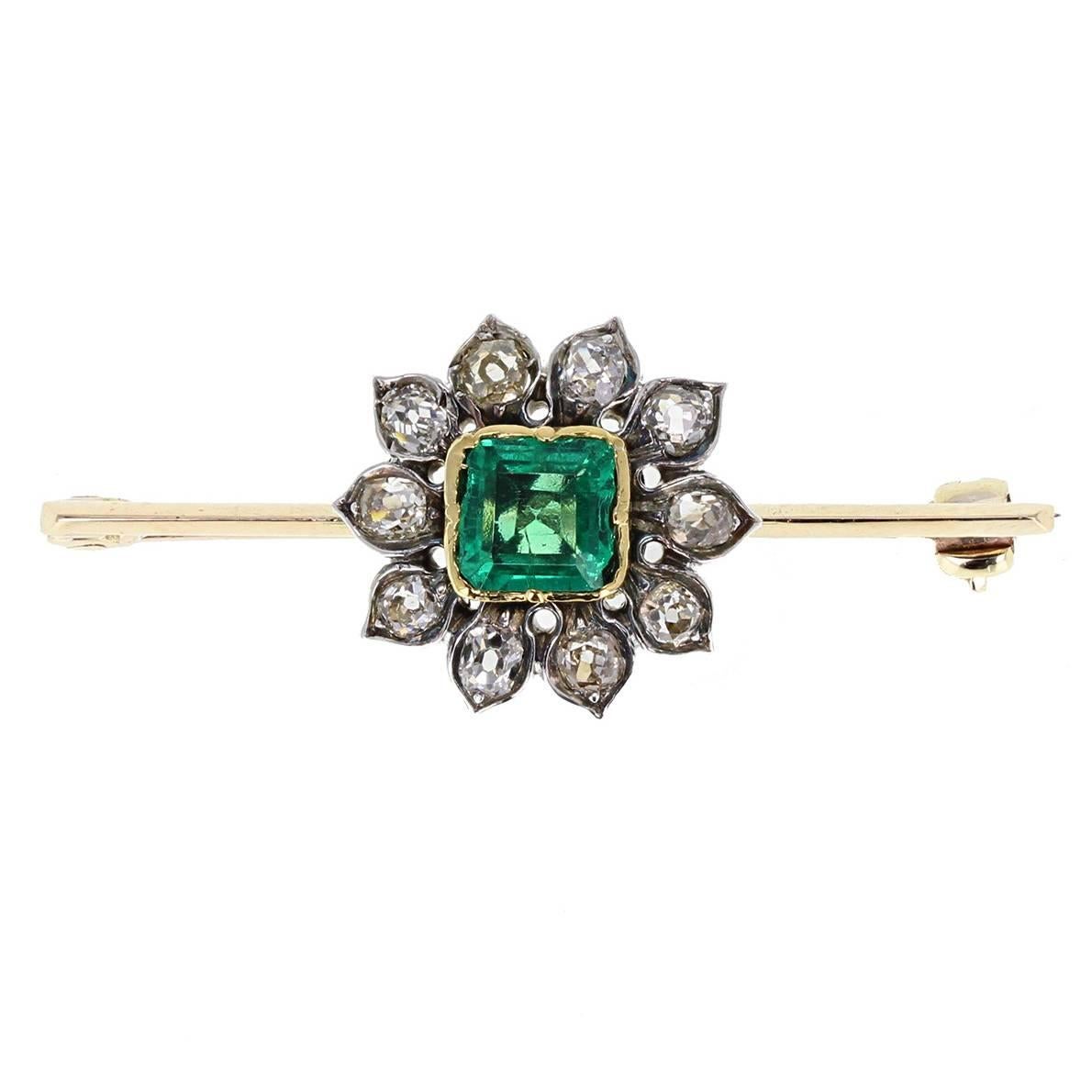 Antique Emerald Old Cut Diamond Cluster Brooch For Sale