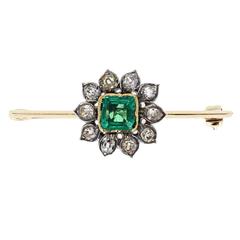 Antique Emerald Old Cut Diamond Cluster Brooch 11
