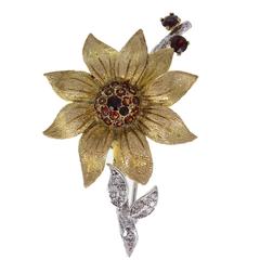 Garnet Diamond Gold Floral Brooch