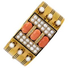 Victorian Brogden Coral Pearl Diamond Gold Bracelet with Locket Compartment
