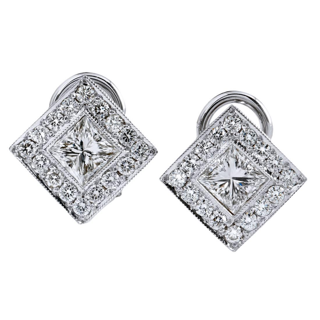 1.28 Princess Cut Diamonds with .55 Pave Halo 18 Karat Gold Earrings Lever Back For Sale
