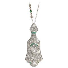 Art Deco 3.5 Carat Emerald Diamond Platinum Pendant Pin