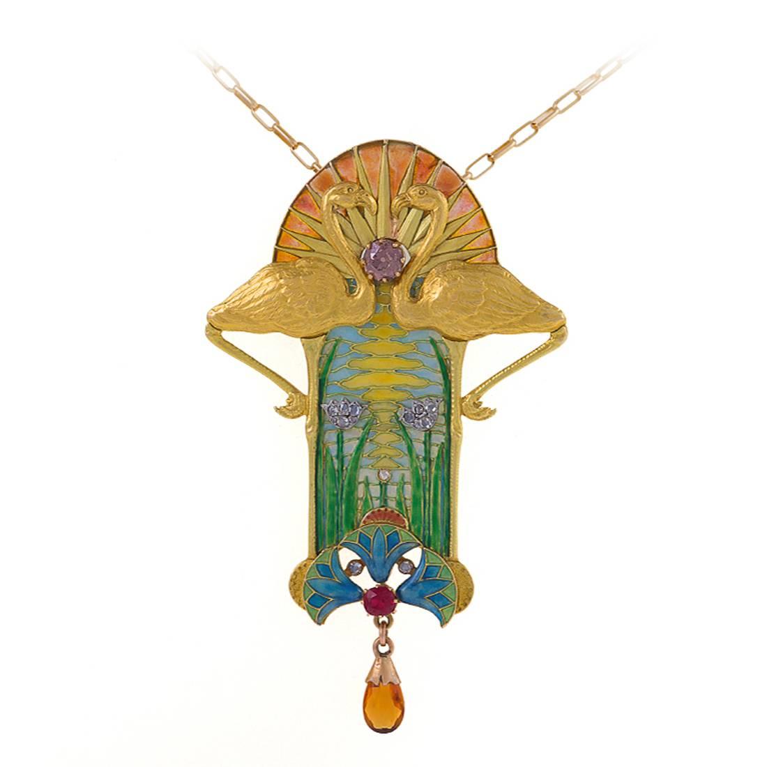 Feuillâtre French Art Nouveau Diamond Ruby Citrine Enamel Gold Pendant