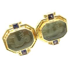 Vintage Elizabeth Locke Venetian Glass Intaglio Iolite Gold Earrings 