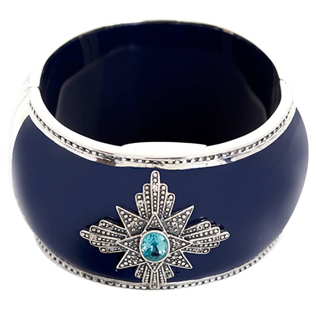 Miriam Salat Blue and White Topaz Sterling Silver Navy Resin Medallion Cuff 