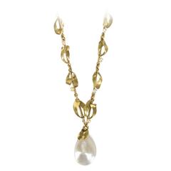 French Art Nouveau Gold and Pearl Drop Necklace