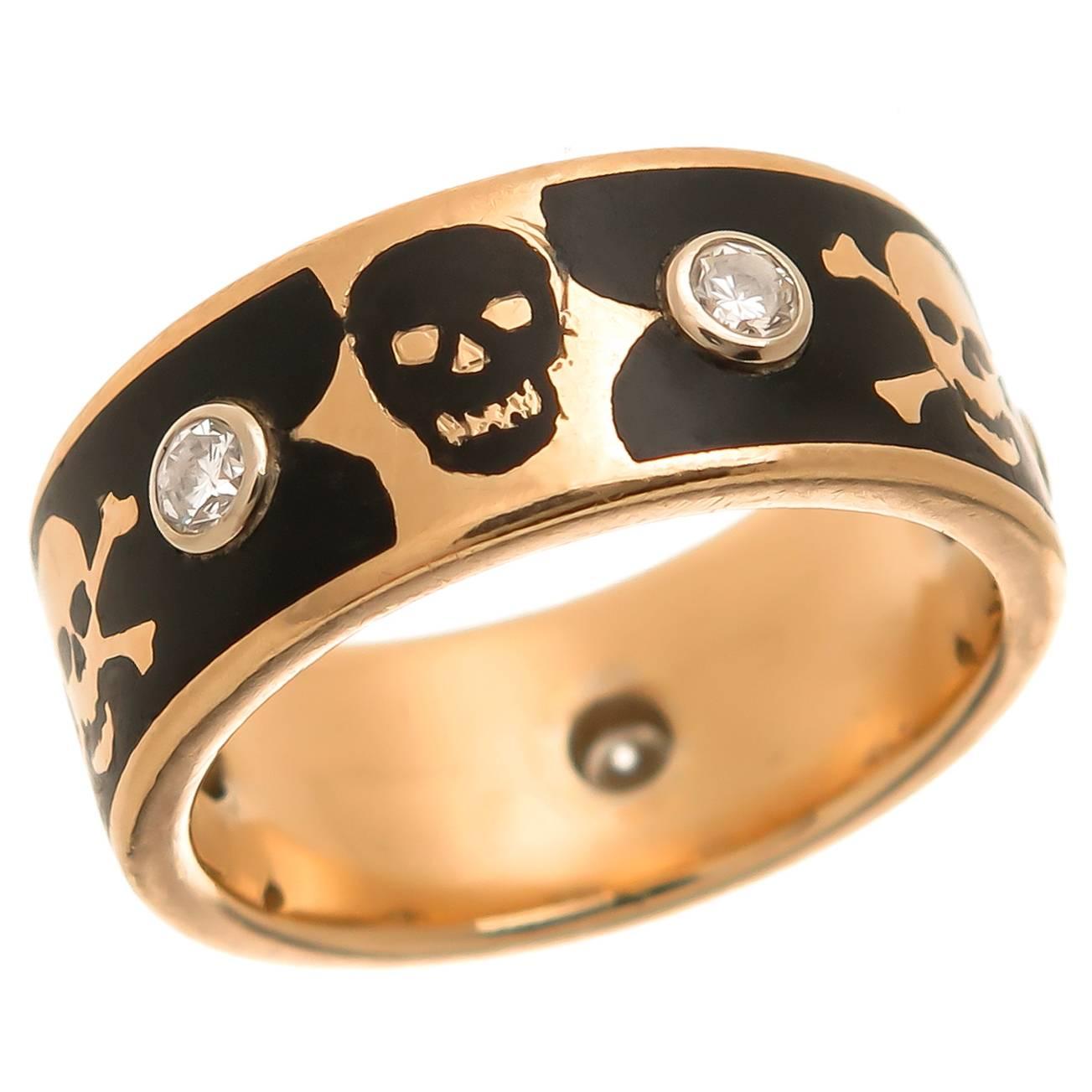 Enamel Diamond Gold Skulls Band Ring