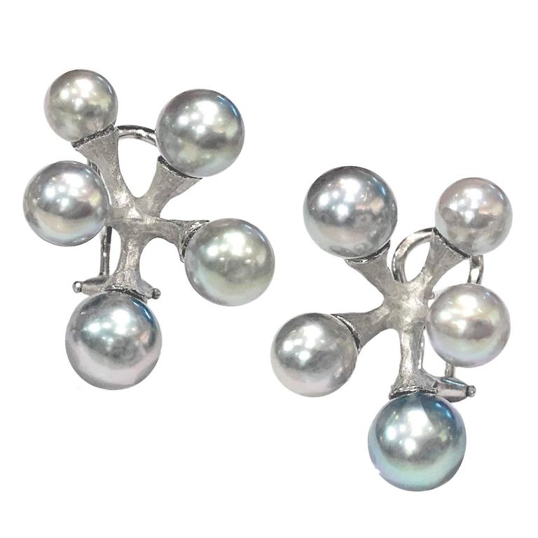 John Iversen Akoya Pearl Matte Silver Gold Post Clip Baby Jack Earrings
