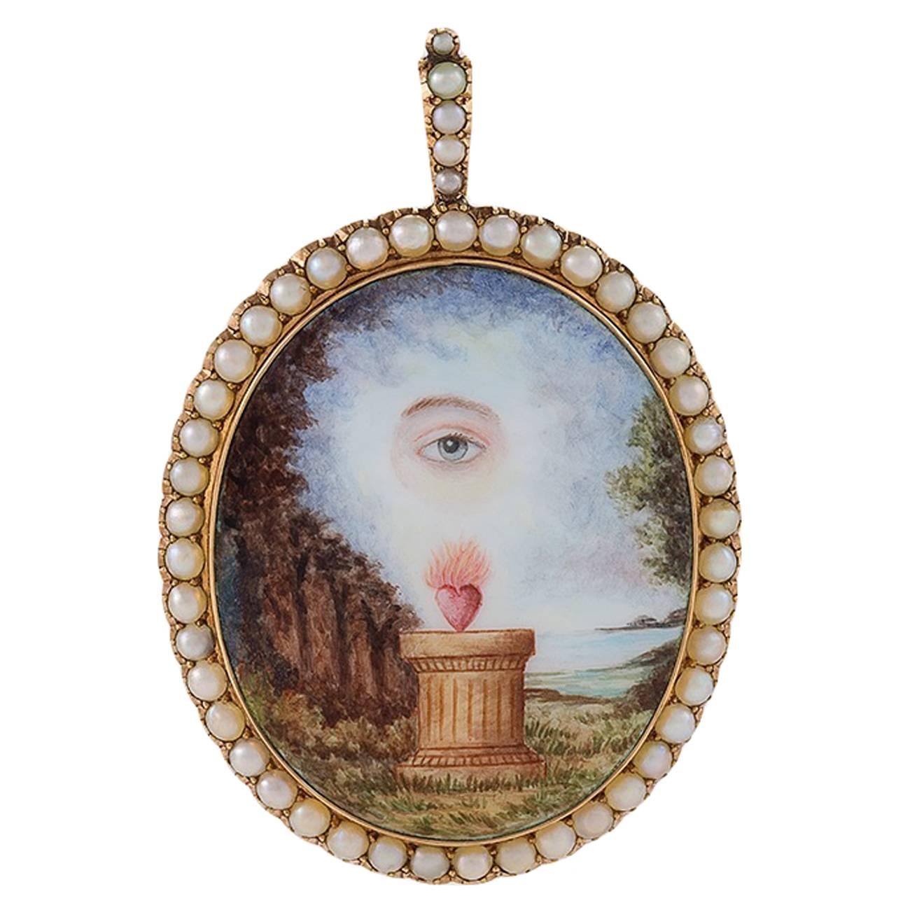 English Georgian Pearl, Porcelain Enamel and Gold Pendant Necklace