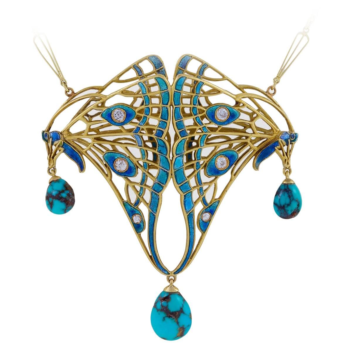 French Art Nouveau Diamond, Turquoise, Enamel and Gold Pendant