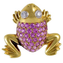Retro Frog Pin in Gold with Diamonds and Sapphires