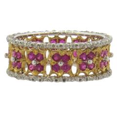 Buccellati Two Color Gold Ruby Flower Wedding Band Ring