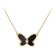Van Cleef & Arpels Onyx Diamond Gold Butterfly Necklace