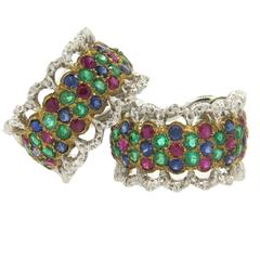 Buccellati Emerald Ruby Sapphire Two Color Gold Hoop Earrings 