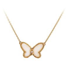 Vintage Van Cleef & Arpels Agate Diamond Gold Butterfly Necklace