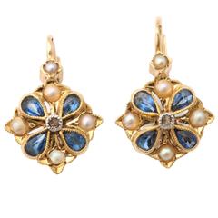 French Pearl Diamond Sapphire Gold Earrings