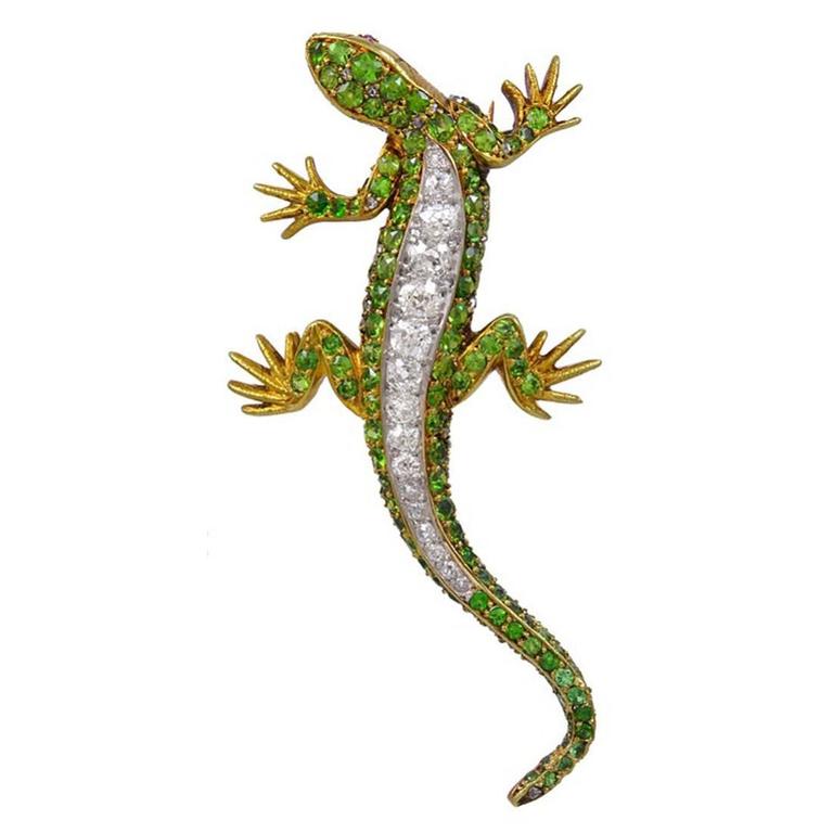 Demantoid Garnet Diamond Gold Lizard Brooch at 1stDibs