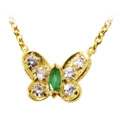 Vintage Van Cleef & Arpels Petite Emerald Diamond Gold Butterfly Necklace