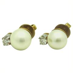 Vintage 1960s White Pearl Diamond Gold Stud Earrings