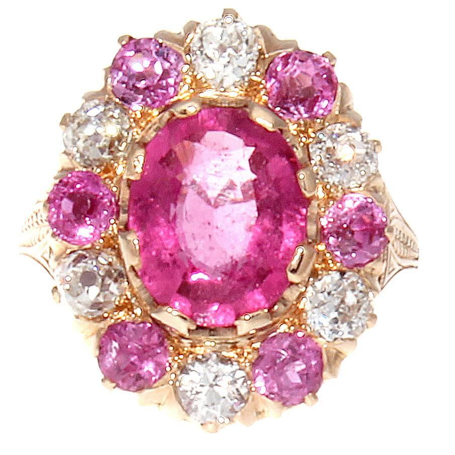 French Belle Epoque Vivid Pink Rubelite Sapphire Diamond Gold Ring